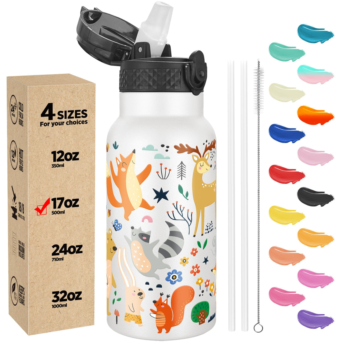 Han's Bottle Sports Water Bottle - 24 Oz, Straw Lid, Leak Proof, Vacuum Insulated Stainless Steel, Double Walled, Thermo Mug,Black