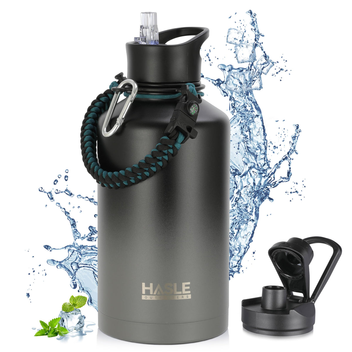 HASLE OUTFITTERS 32 oz Insulated Water Bottle Stainless Steel Double Walled Vacuum Sports Water Bottle with 2 Lids (Straw and Spout Lid) for Gym Camping Hiking(Black,1)