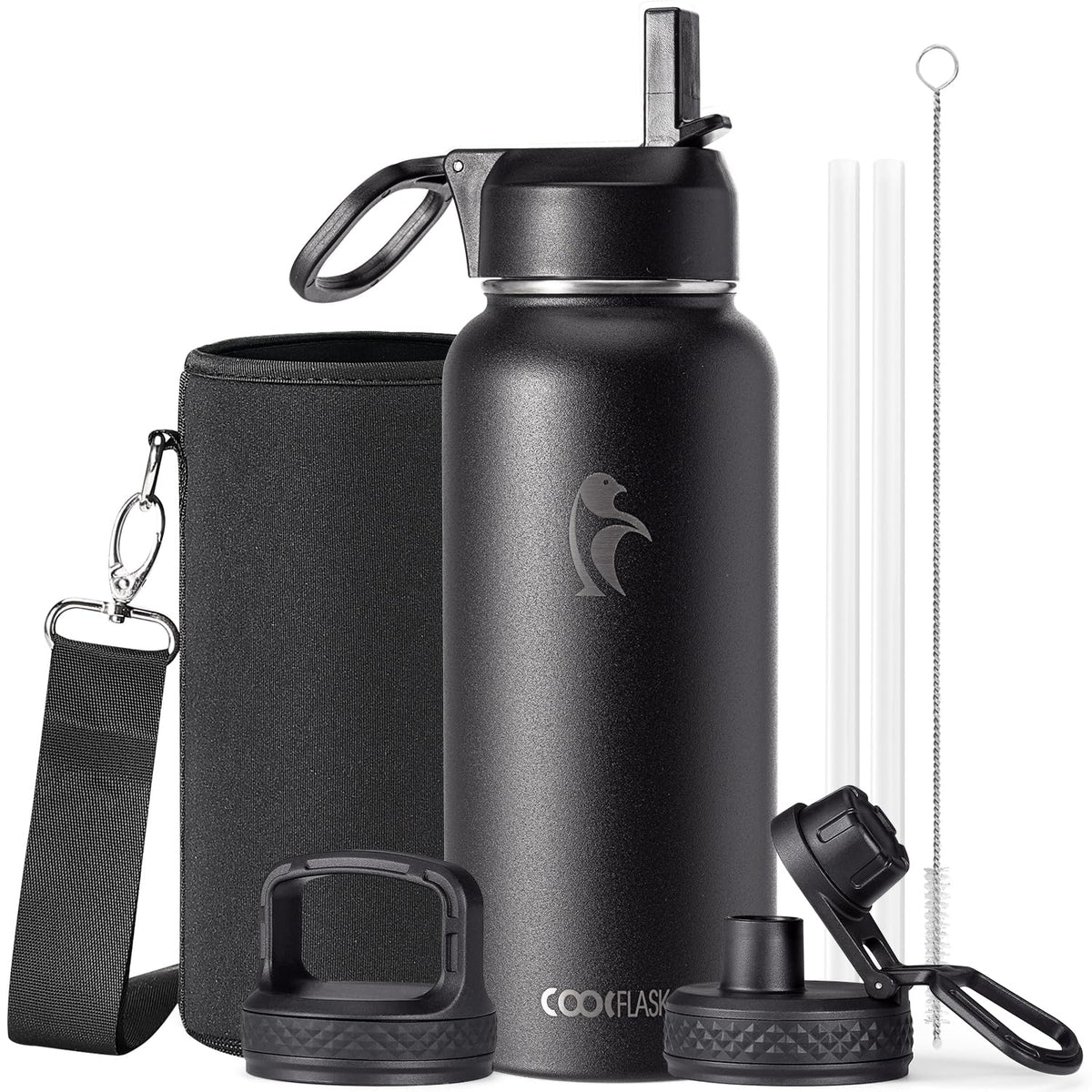 Coolflask 40 oz Water Bottle Insulated with Straw & 3 Leakproof Lids