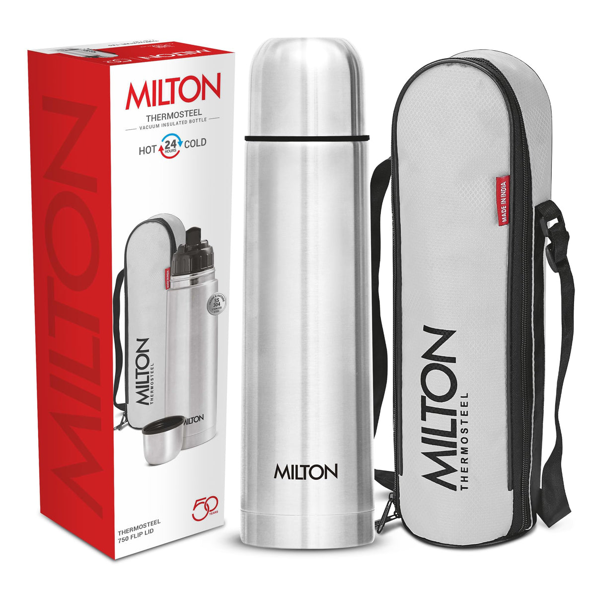 Milton Flask 34 oz Insulated Water Bottle with Cover, Flip Lid, Thermosteel