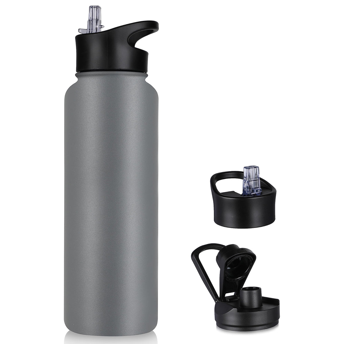 40 oz Insulated Water Bottle with Straw, Stainless Steel Sports Water Bottles with 2 Lids (Straw and Wide Mouth lid), Double Wall Vacuum, Leakproof, BPA-Free, Black