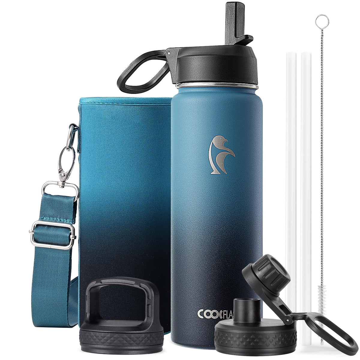 Coolflask 40 oz Water Bottle Insulated with Straw & 3 Leakproof Lids