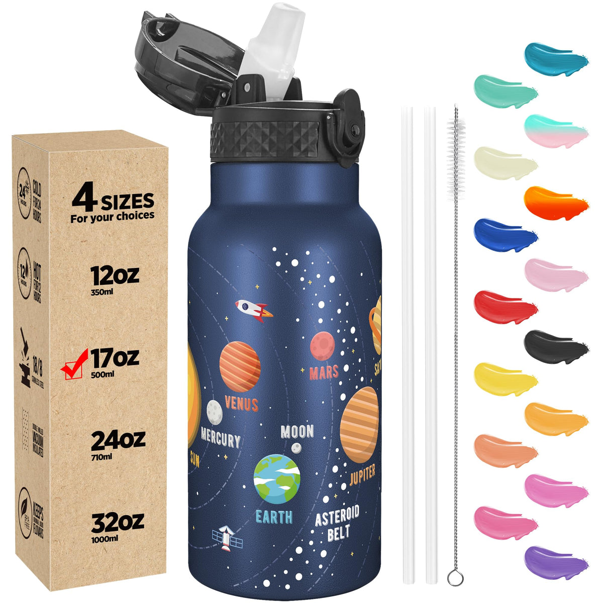 Han's Bottle Sports Water Bottle - 24 Oz, Straw Lid, Leak Proof, Vacuum Insulated Stainless Steel, Double Walled, Thermo Mug,Black