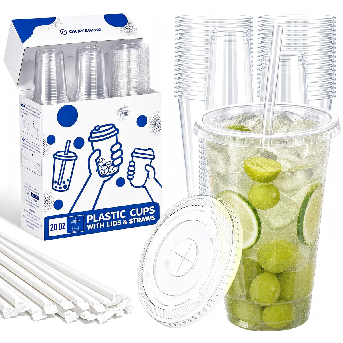 16 Oz 100 Pack Dispoable Cups with Lids and Straws