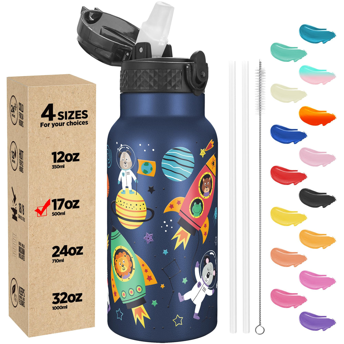 Han's Bottle Sports Water Bottle - 24 Oz, Straw Lid, Leak Proof, Vacuum Insulated Stainless Steel, Double Walled, Thermo Mug,Black