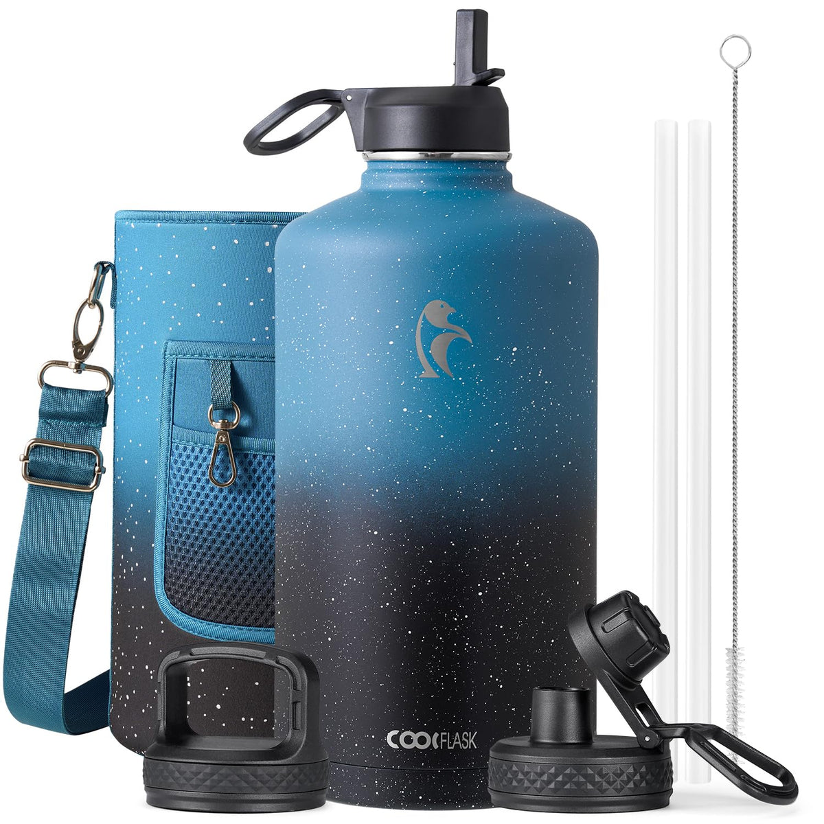 Coolflask Half Gallon Water Bottle Insulated with Straw & 3 Leakproof Lids
