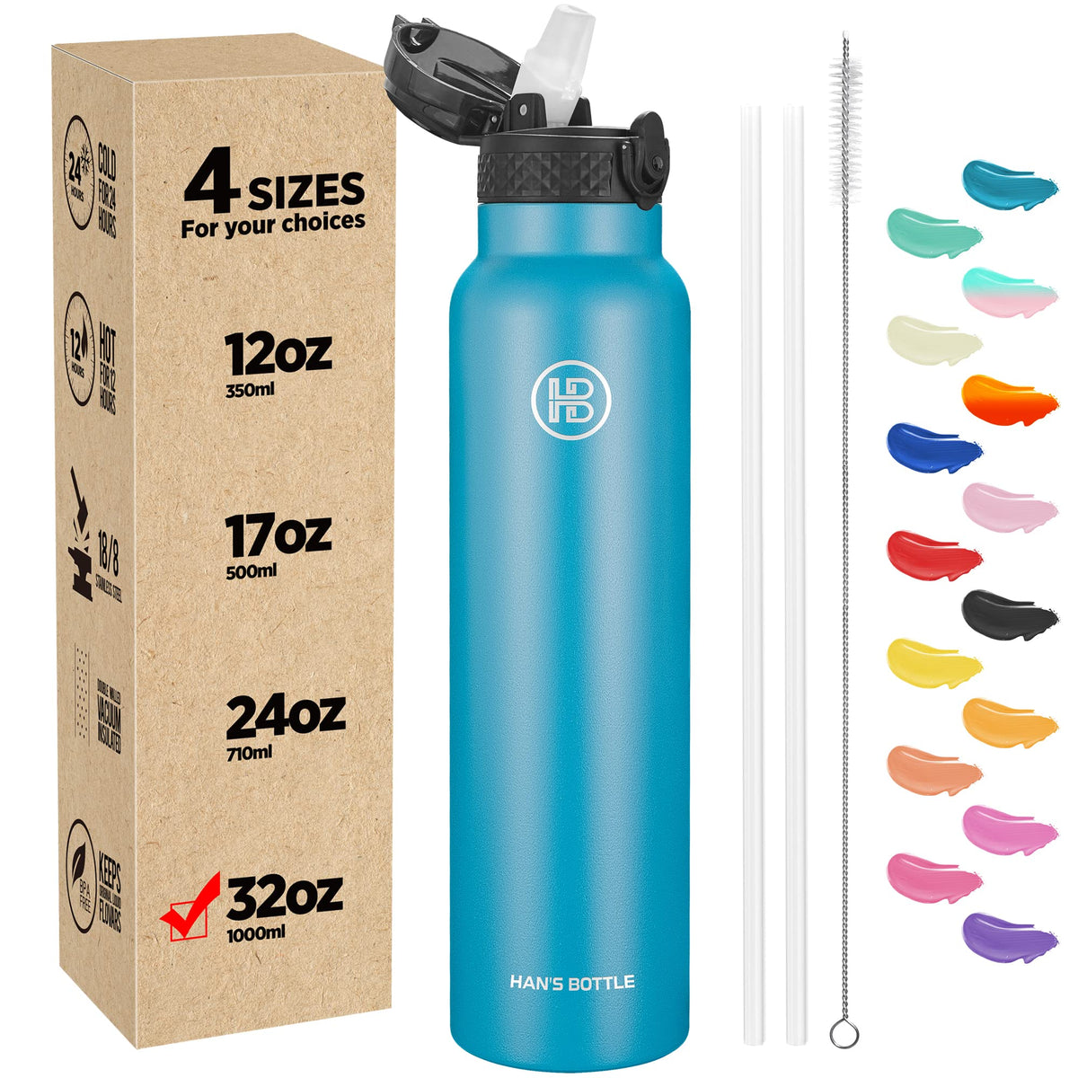 Han's Bottle Sports Water Bottle - 24 Oz, Straw Lid, Leak Proof, Vacuum Insulated Stainless Steel, Double Walled, Thermo Mug,Black