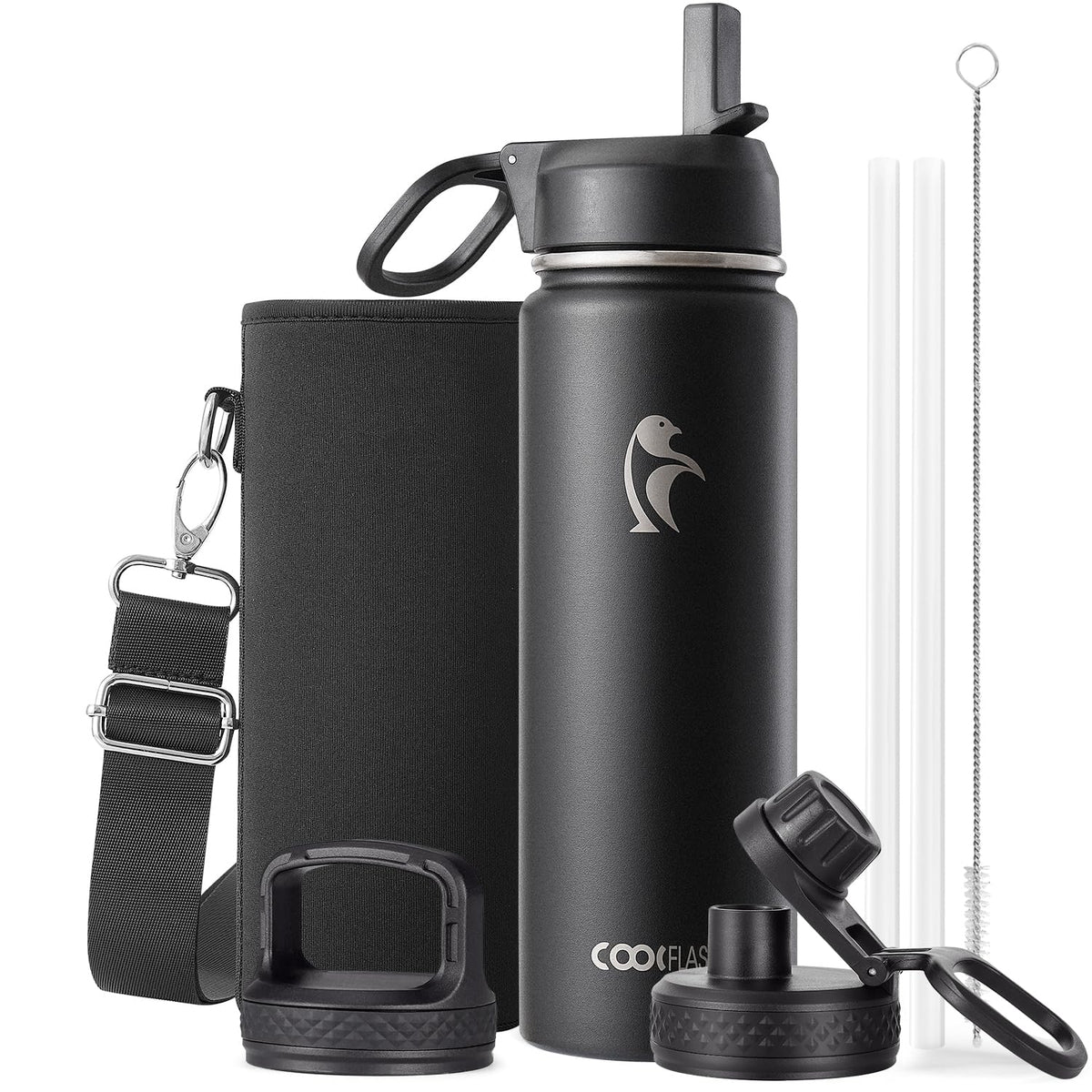 Coolflask Half Gallon Water Bottle Insulated with Straw & 3 Leakproof Lids