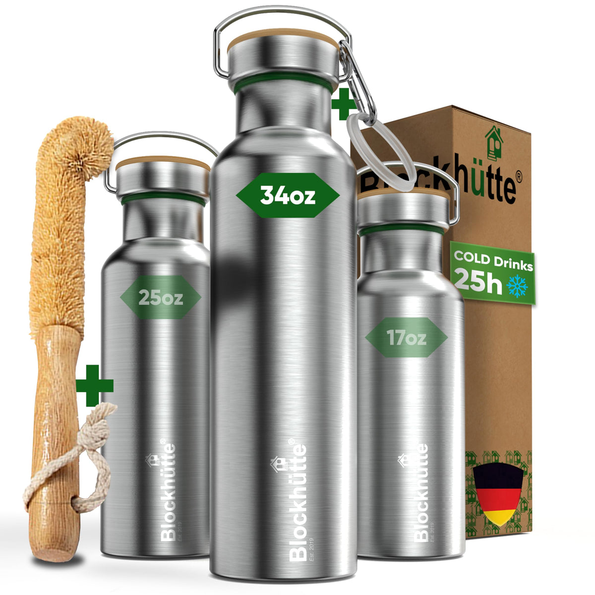 Blockhütte Vacuum Insulated Stainless Steel Water Bottle - 25 oz I Wide Mouth Metal Bottle for hot and cold drinks I BPA-Free I for Travel, School I Kids, Adults, Water Canteen, Sports, flask
