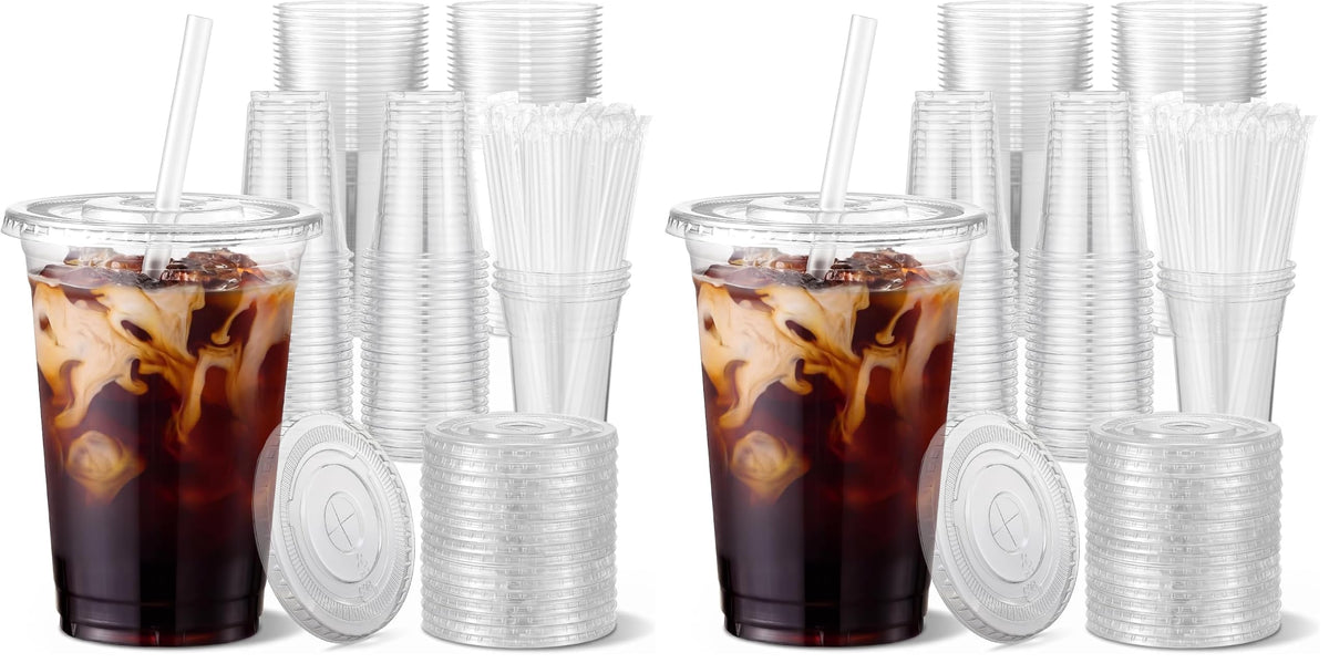 VITEVER [100 Sets - 16oz] Clear Plastic Cups with Lids and Straws, Disposable Iced Coffee Cups for Smoothie, Milkshake, Cold Drinks - BPA free