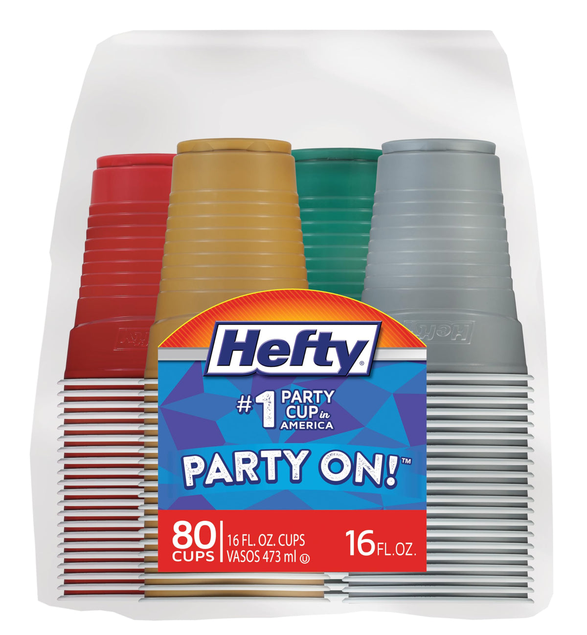 Hefty Party On Disposable Plastic Cups, Assorted, 16 Ounce, 100 Count
