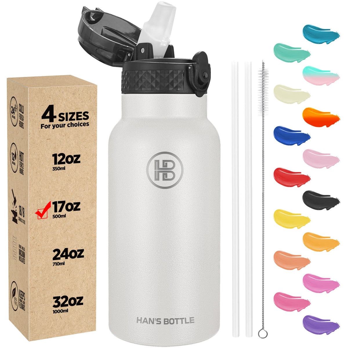 Han's Bottle Sports Water Bottle - 24 Oz, Straw Lid, Leak Proof, Vacuum Insulated Stainless Steel, Double Walled, Thermo Mug,Black