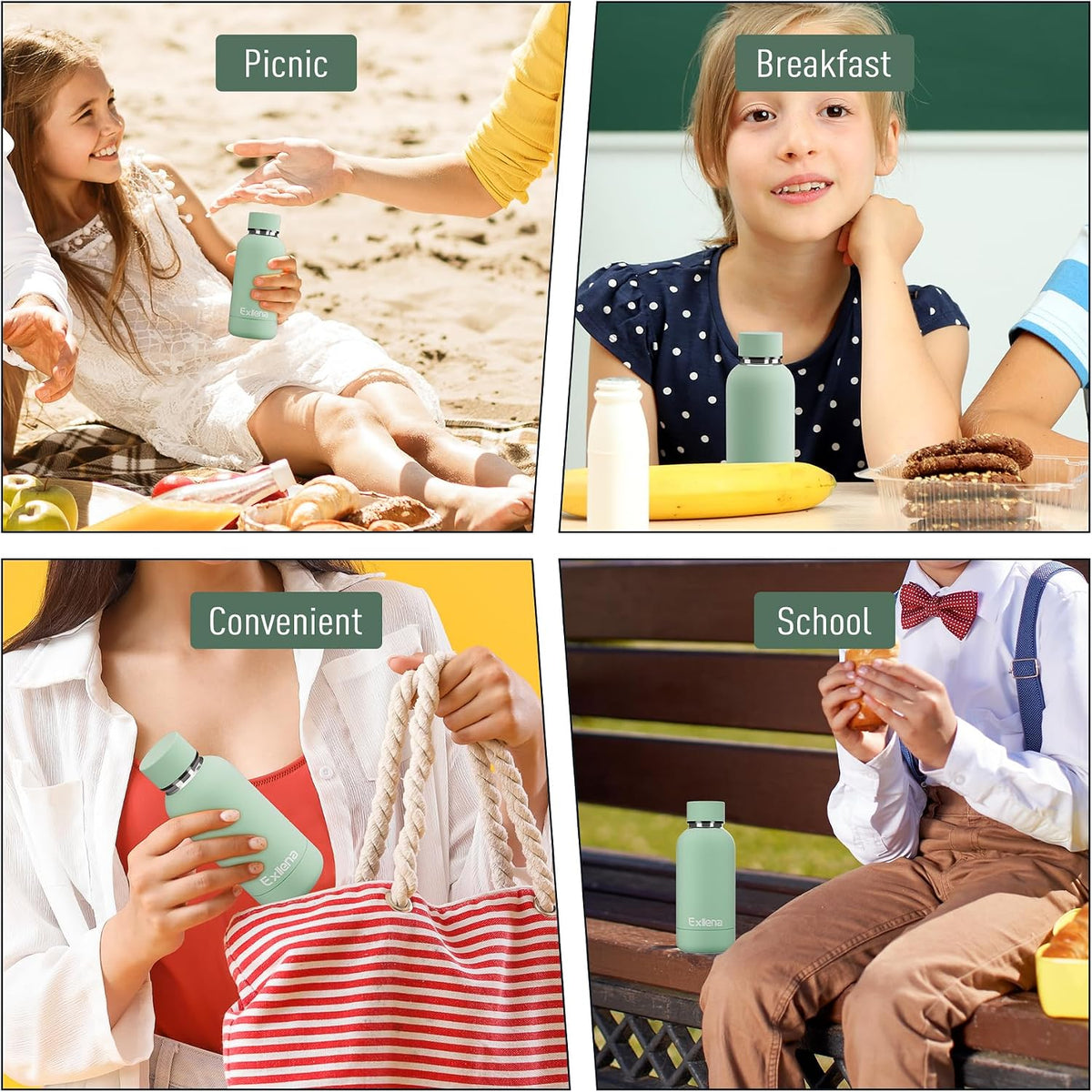 Exllena Small Water Bottle 12oz with Clip, Double Wall Stainless Steel Vacuum Small Insulated Water Bottle Keeps Drinks Cold 24 Hrs/Hot 12 Hrs for Kids Handbag School BPA Free (Mint)