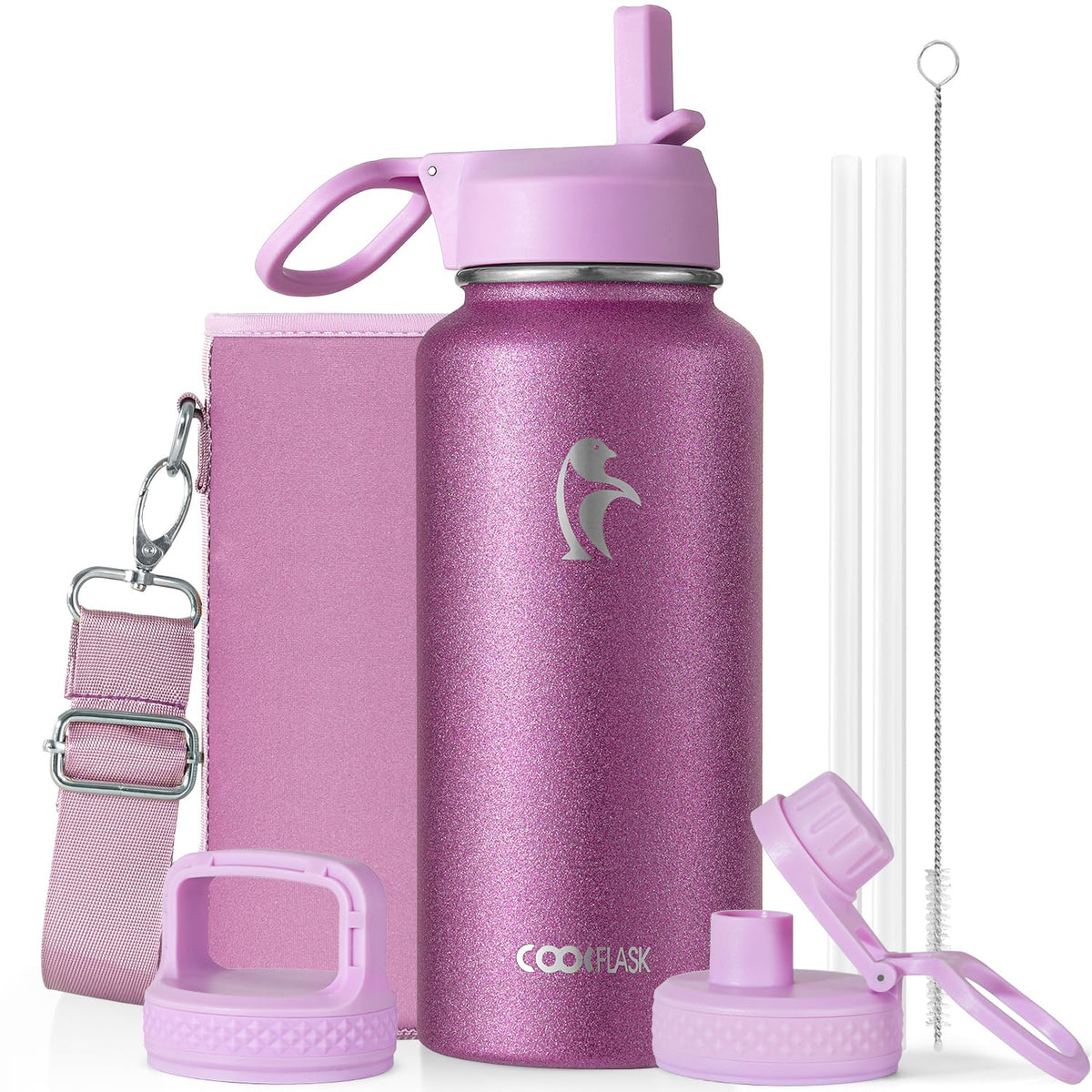 Coolflask Half Gallon Water Bottle Insulated with Straw & 3 Leakproof Lids