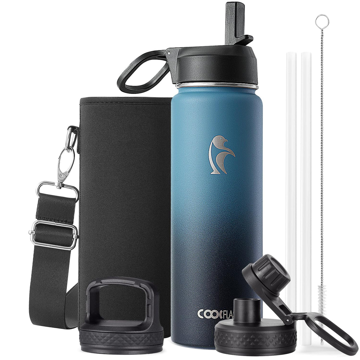 Coolflask Half Gallon Water Bottle Insulated with Straw & 3 Leakproof Lids