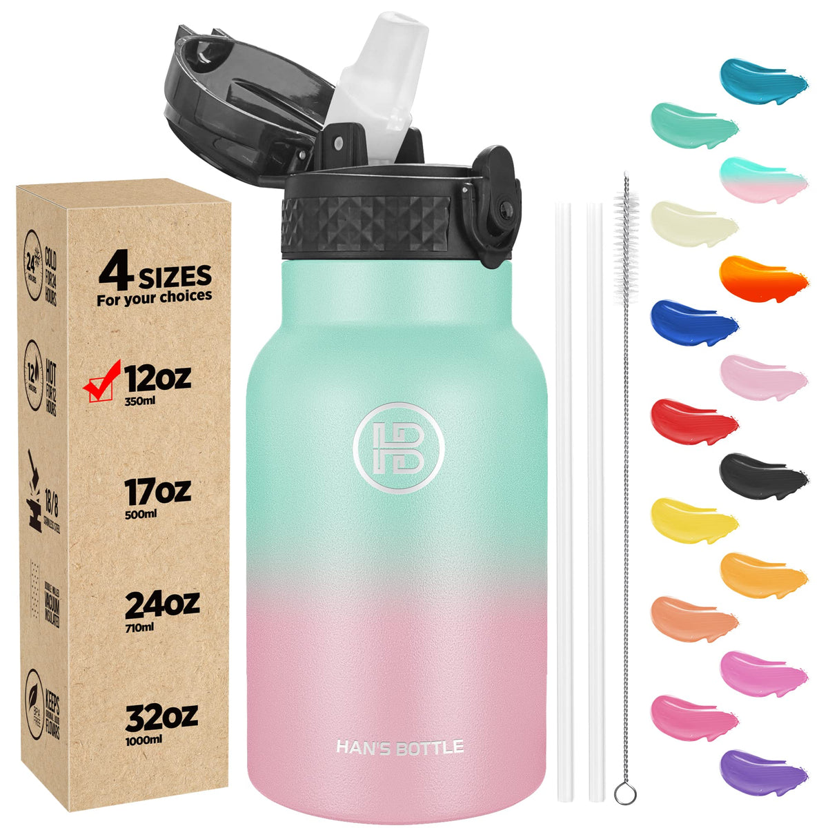 Han's Bottle Sports Water Bottle - 24 Oz, Straw Lid, Leak Proof, Vacuum Insulated Stainless Steel, Double Walled, Thermo Mug,Black