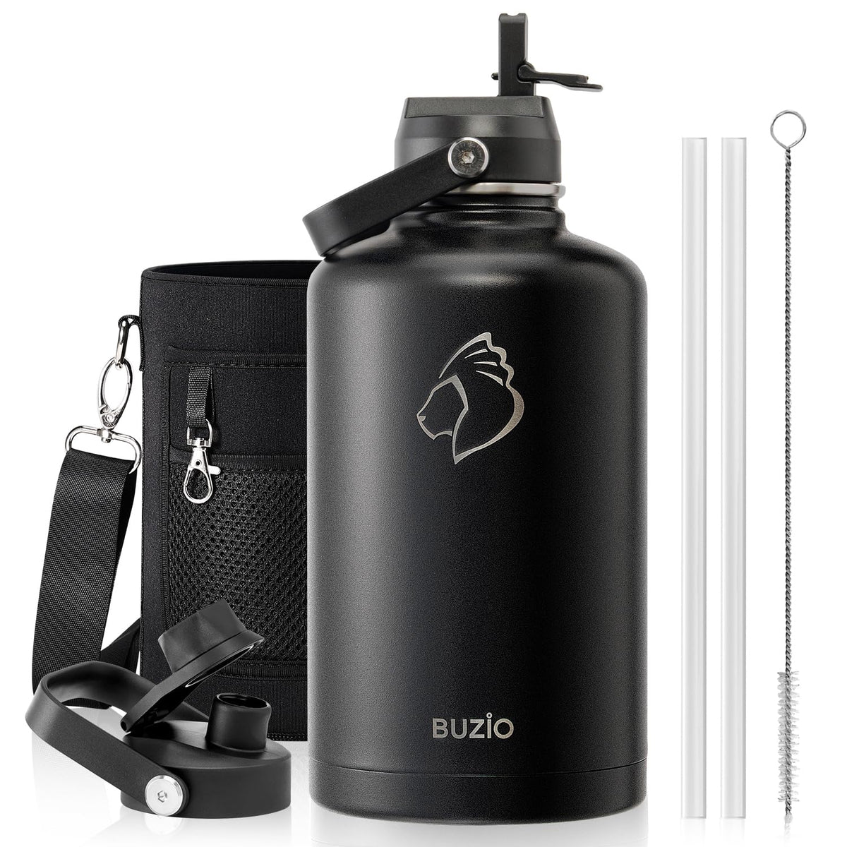 BUZIO 64 oz Insulated Stainless Steel Water Bottle with Dust-proof Lids
