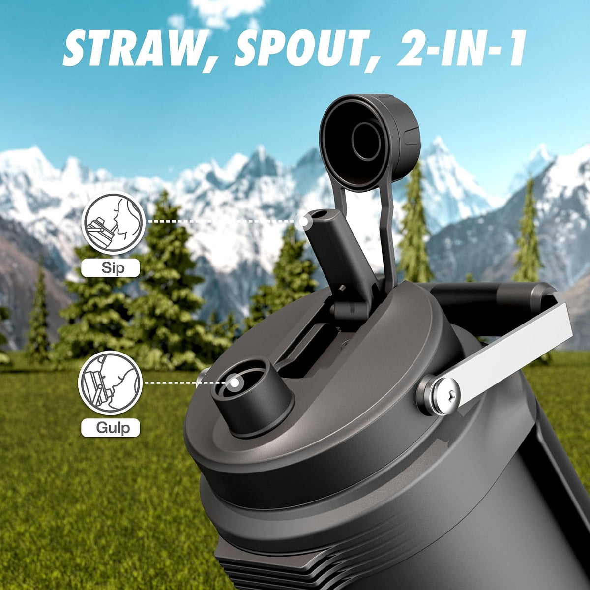 64 oz Insulated Water Bottle for Gym: 2-in-1 Straw Spout Lid, Dual Handle, Leakproof, Keep Cold 48H, Half Gallon Stainless Steel Water Jug for Travel, Hiking, Cycling, Park, Workout, Picnic (Midnight)