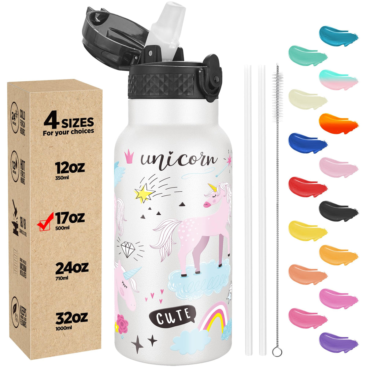 Han's Bottle Sports Water Bottle - 24 Oz, Straw Lid, Leak Proof, Vacuum Insulated Stainless Steel, Double Walled, Thermo Mug,Black