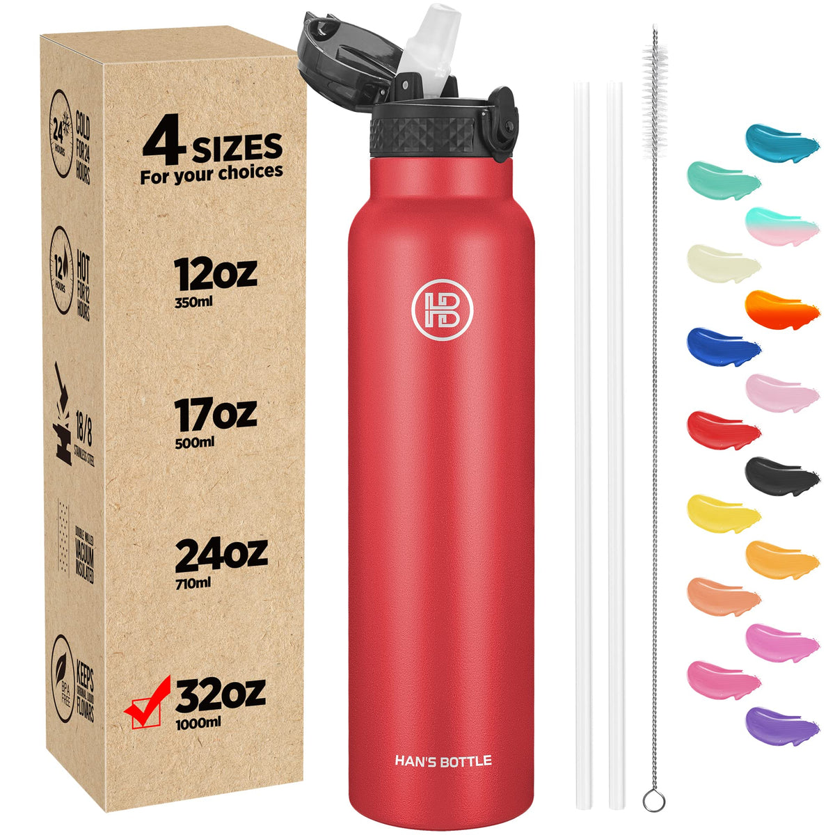 Han's Bottle Sports Water Bottle - 24 Oz, Straw Lid, Leak Proof, Vacuum Insulated Stainless Steel, Double Walled, Thermo Mug,Black