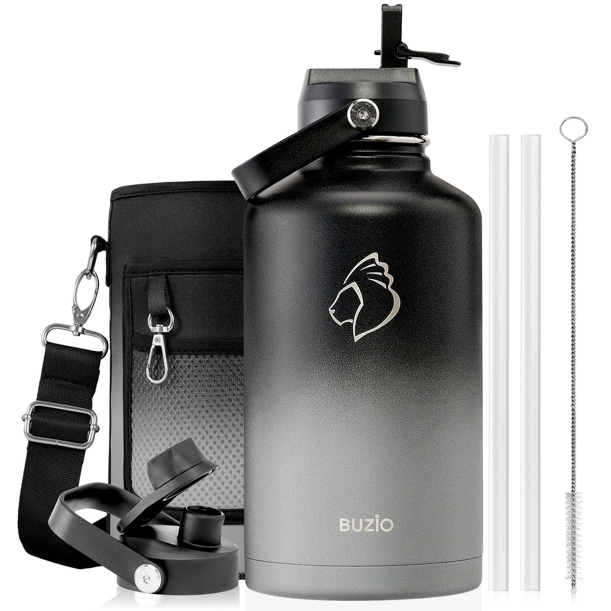BUZIO 64 oz Insulated Stainless Steel Water Bottle with Dust-proof Lids
