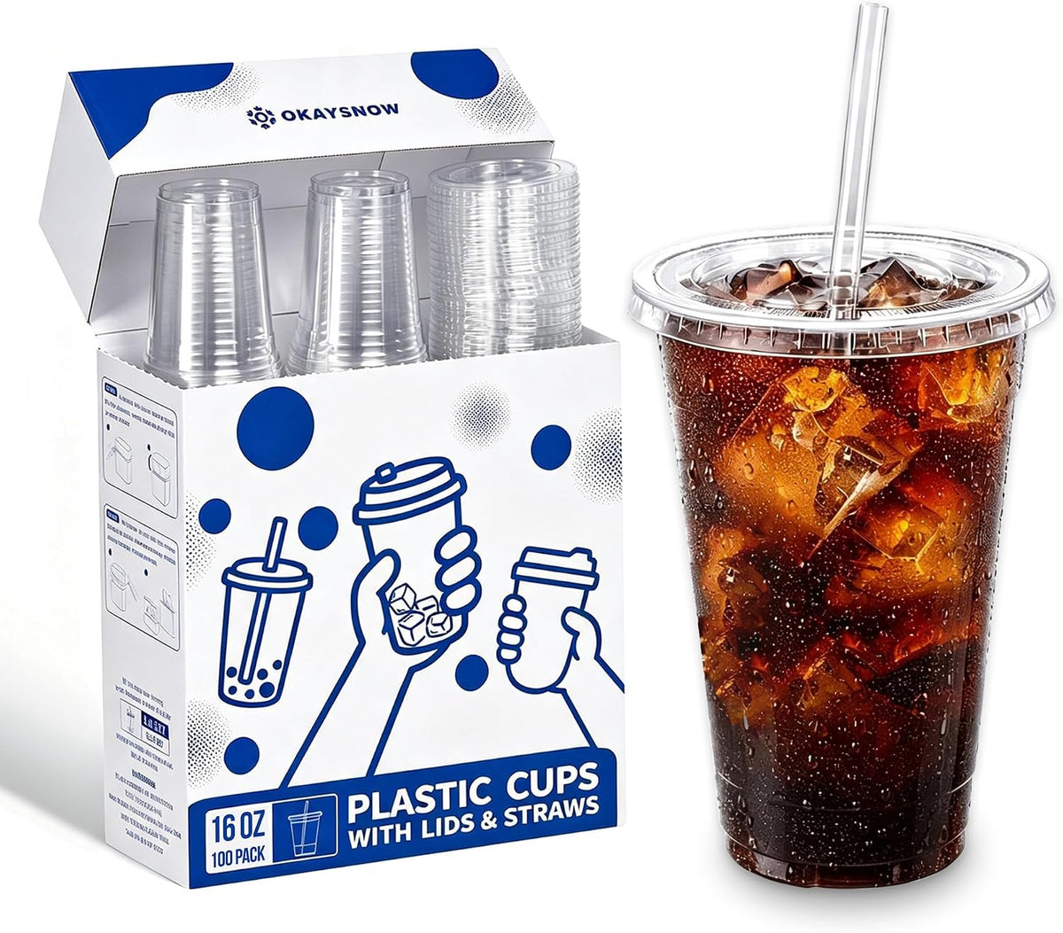 16 Oz 100 Pack Dispoable Cups with Lids and Straws
