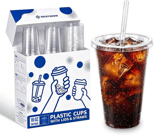 16 Oz 100 Pack Dispoable Cups with Lids and Straws