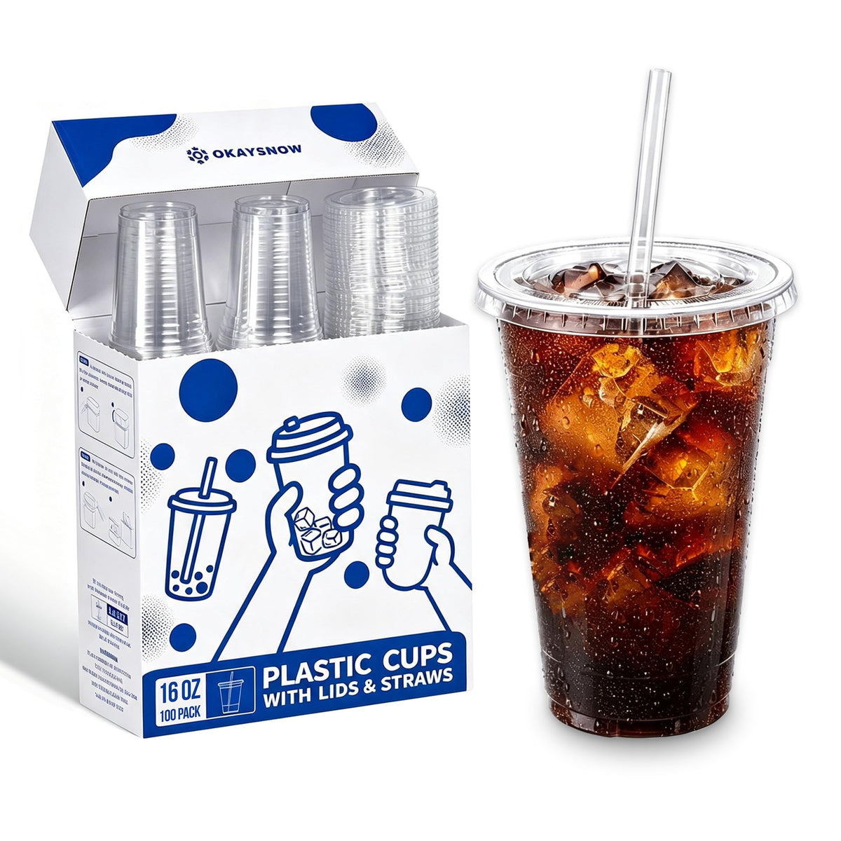 16 Oz 100 Pack Dispoable Cups with Lids and Straws