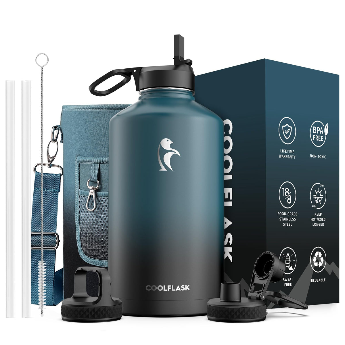 Coolflask 40 oz Water Bottle Insulated with Straw & 3 Leakproof Lids