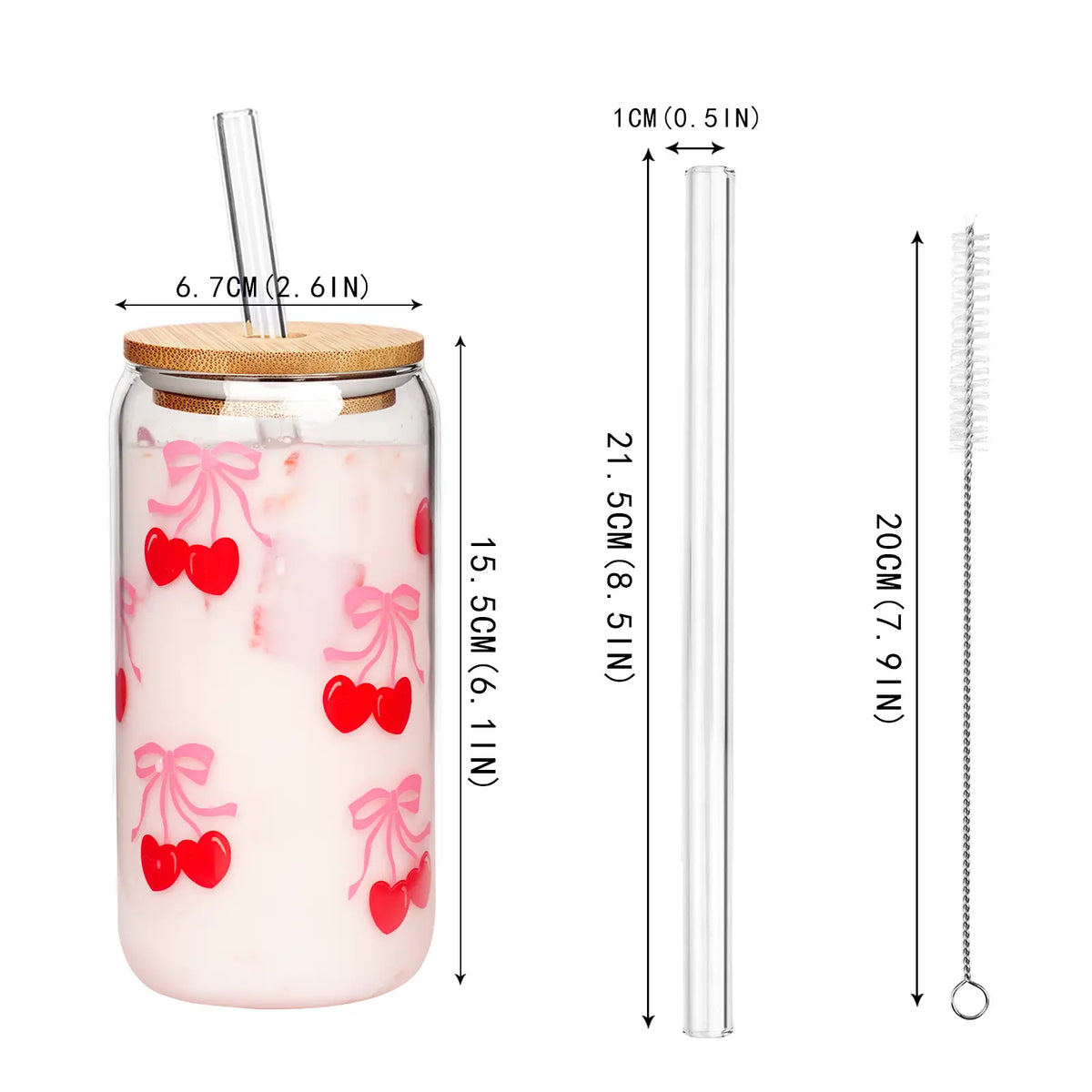 Summervibes 20oz Cherry Print Glass Tumblers with Bamboo Lids & Straws, Cute Drinking Glasses for Women, Reusable, pink bow