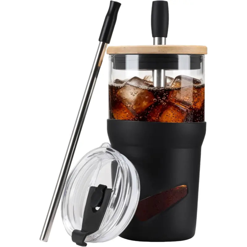 【Olivego】20oz Eco-Friendly Reusable Glass Water Tumbler - Portable 2-in-1 Cup with Bamboo Lid, Straw, Anti-Slip Silicone Sleeve, Wide-Mouth Clean, Slim Fit - Durable, Stylish Non-Insulated Hand Wash On-the-Go Drinkware for Coworkers, Adulting Gifts