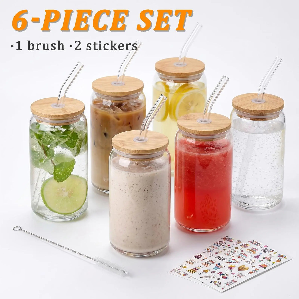 4pcs 24oz Non-Striped Glass Cups with Bamboo Lids, Straws, Glass Body & Handle Grip - Portable Classic Cold Beverage Tumbler, Reusable On-The-Go Kitchen Drinkware, Perfect for Gifts