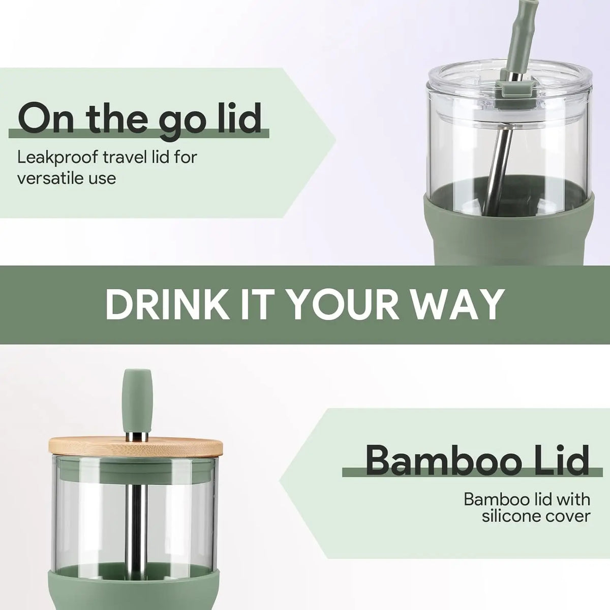 【Olivego】20oz Eco-Friendly Reusable Glass Water Tumbler - Portable 2-in-1 Cup with Bamboo Lid, Straw, Anti-Slip Silicone Sleeve, Wide-Mouth Clean, Slim Fit - Durable, Stylish Non-Insulated Hand Wash On-the-Go Drinkware for Coworkers, Adulting Gifts