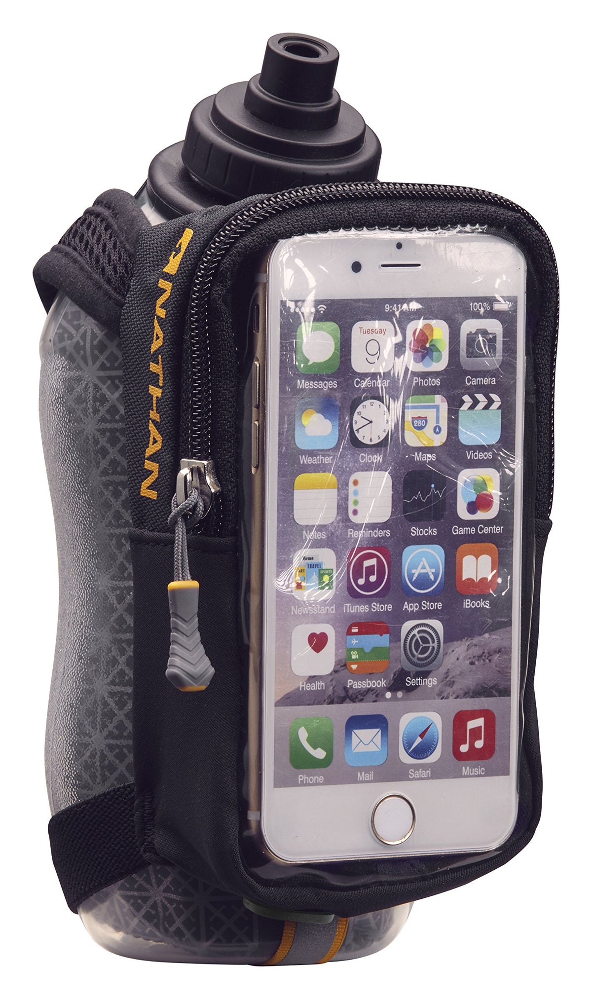Nathan SpeedDraw 2 Insulated Handheld Running Water Bottle Flask – Double-Wall Insulation, Ergonomic Grip, Blast Valve Cap, Phone & Key Storage Pockets, Reflective Design - 18oz, Deep Blue