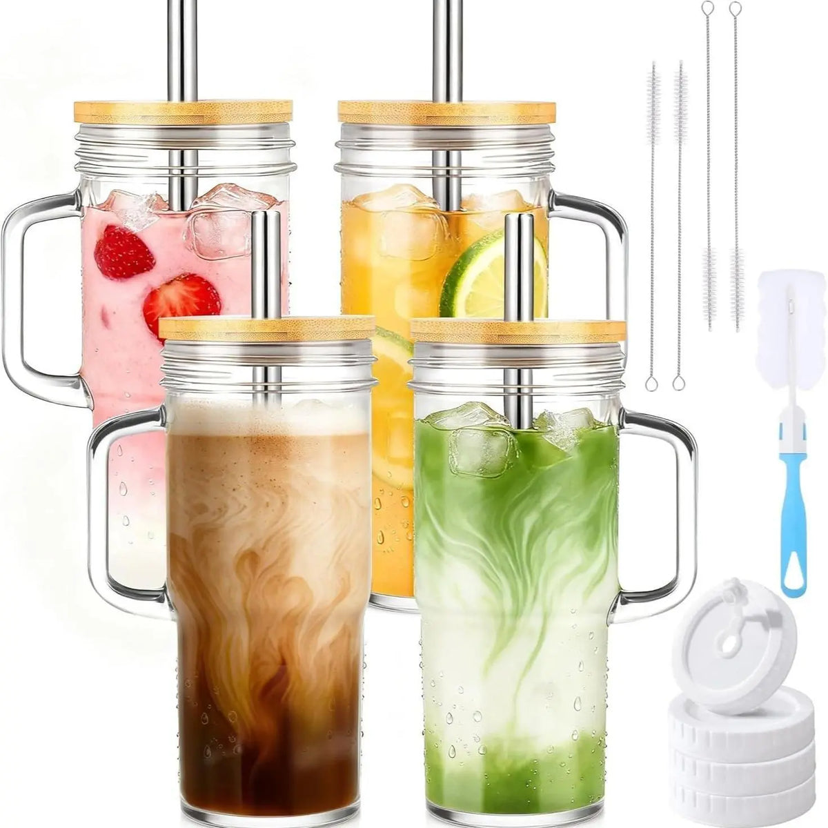 4pcs 24oz Non-Striped Glass Cups with Bamboo Lids, Straws, Glass Body & Handle Grip - Portable Classic Cold Beverage Tumbler, Reusable On-The-Go Kitchen Drinkware, Perfect for Gifts