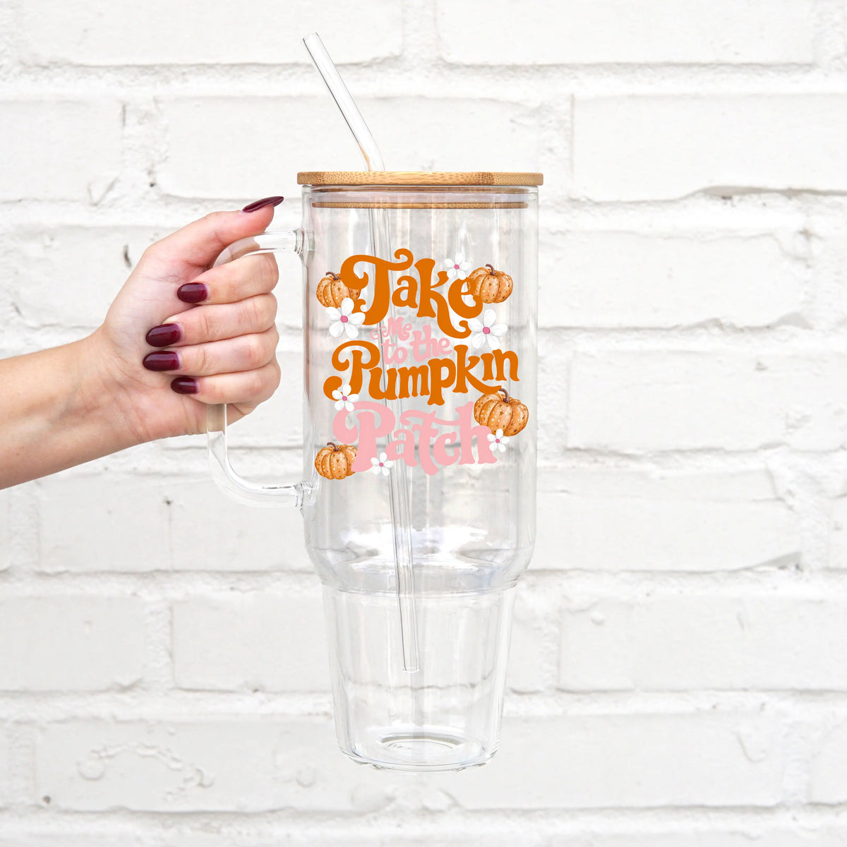 SIP-SIP HOORAY! 40oz Reusable Glass Water Bottle - Fall Collection Pumpkin Design with Washable Handle, Bamboo Lid, Silicone Straw for Hand Wash Coffee Cup Use