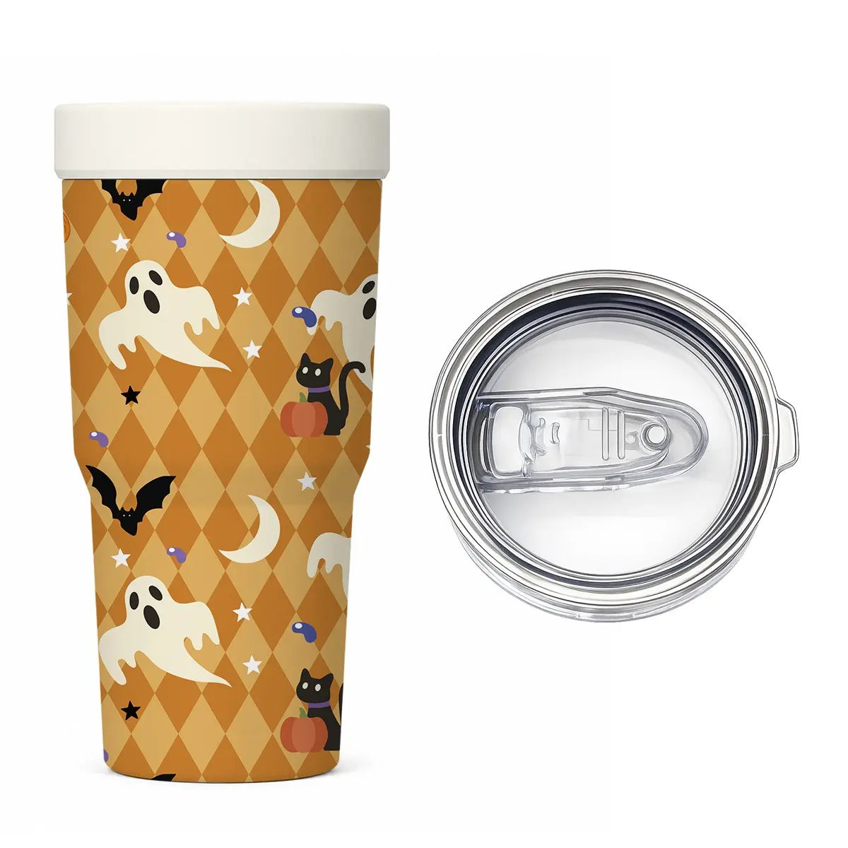 1 PC Halloween Ghost & Black Cat Print 2-in-1 Insulated Can Cooler, Includes Tumbler Lid, Converts to Travel Tumbler, Double Wall Vacuum Stainless Steel Flask, Fits Most 16-24oz To-Go Coffee & Bubble Tea Cups, Perfect for Halloween, Christmas & Daily Use