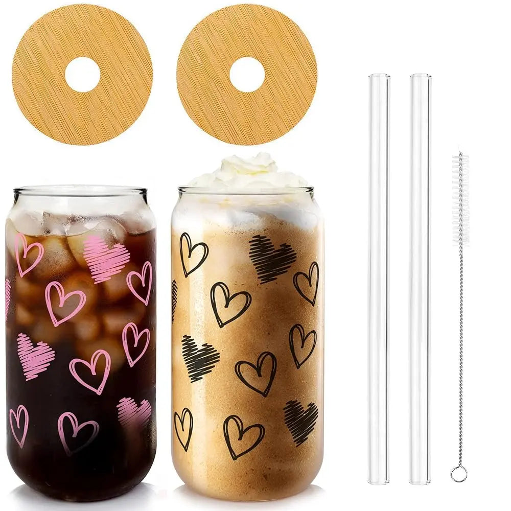 Summervibes 20oz Cherry Print Glass Tumblers with Bamboo Lids & Straws, Cute Drinking Glasses for Women, Reusable, pink bow