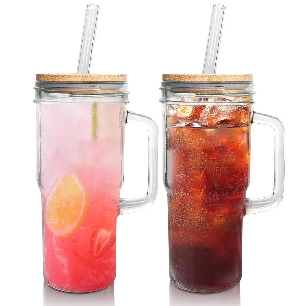ANOTION 24oz Glass Cups with Lids and Straws with Handle  -Tumbler Coffee Cups Mason Jar Cups Drinking Set Coffee Bar Accessories
