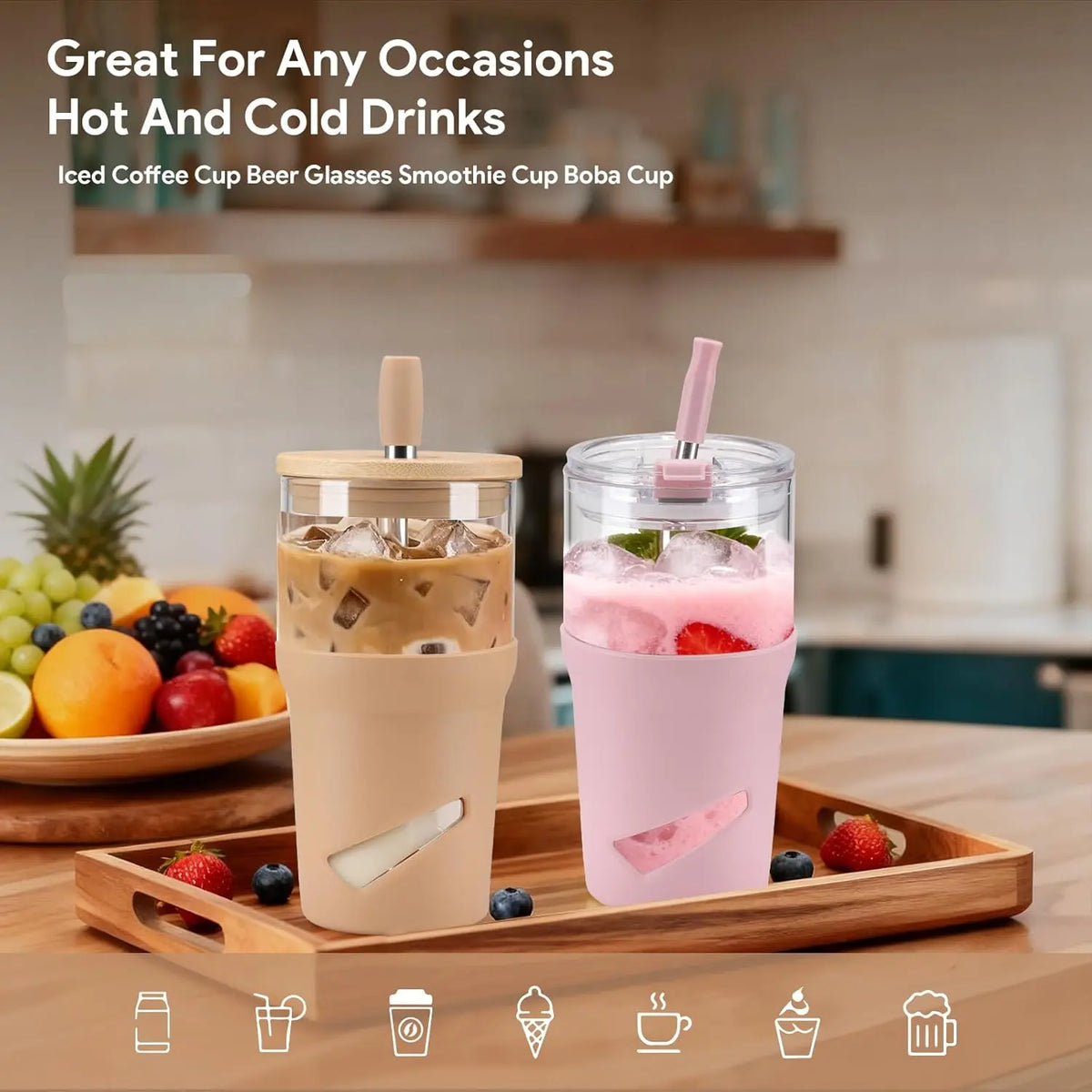 Olivego Eco-friendly 20oz BPA-free Lead-free Reusable Glass Water Bottle Tumbler - Bamboo 2-in-1 Straw Lid, Anti-slip Silicone Sleeve, Portable, Washable, Durable Kitchenware Drinkware, Car-cup Holder Fit, Outdoor Iced Coffee Use