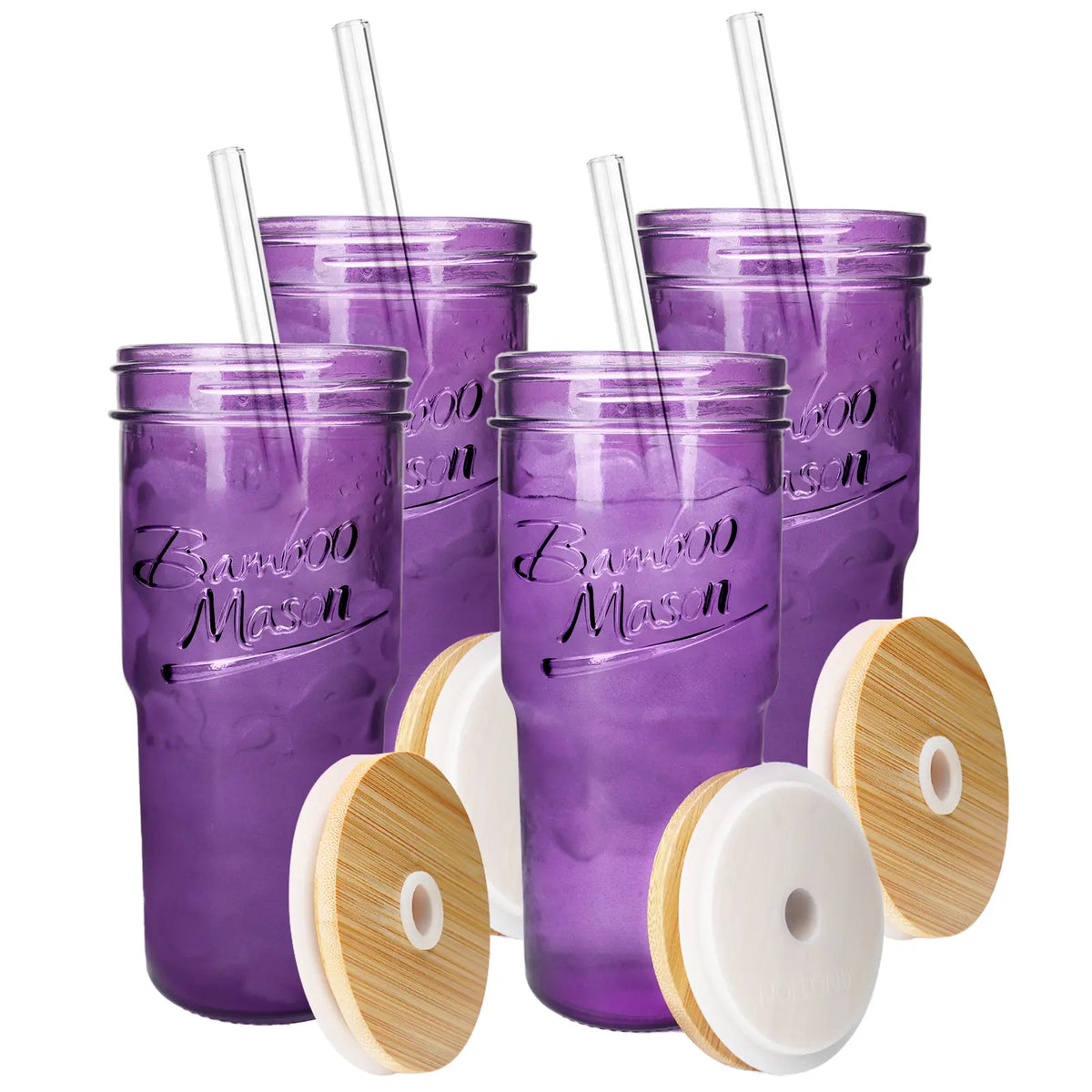 ANOTION  24oz Colored Glass Cups with Lids and Straws with Handle  -Tumbler Coffee Cups Mason Jar Coffee Bar Accessories Springtok  Bamboo Drinkware Bottles