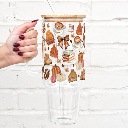 SIP-SIP HOORAY! 40oz Reusable Glass Water Bottle - Fall Collection Pumpkin Design with Washable Handle, Bamboo Lid, Silicone Straw for Hand Wash Coffee Cup Use