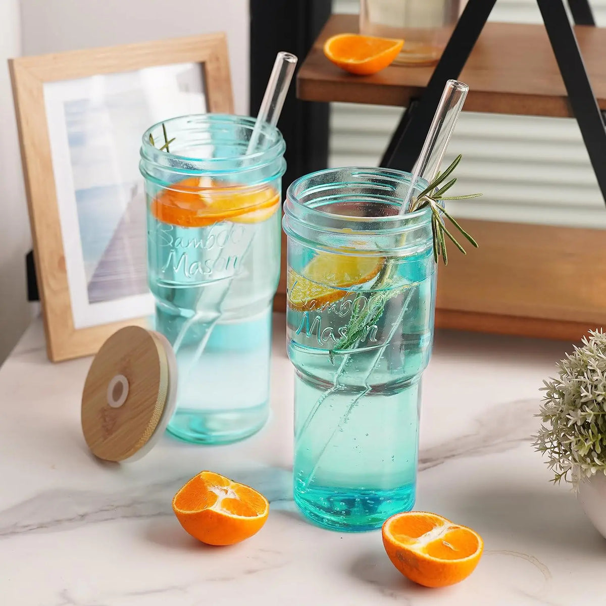 ANOTION 24oz Glass Cups with bamboo Lids and Straws 2 Packs, Travel Coffee Mug Wide Mouth Mason Jar Clear Cute Water Drinking Jars Glasses  Drinkware Bottles Set Tumbler