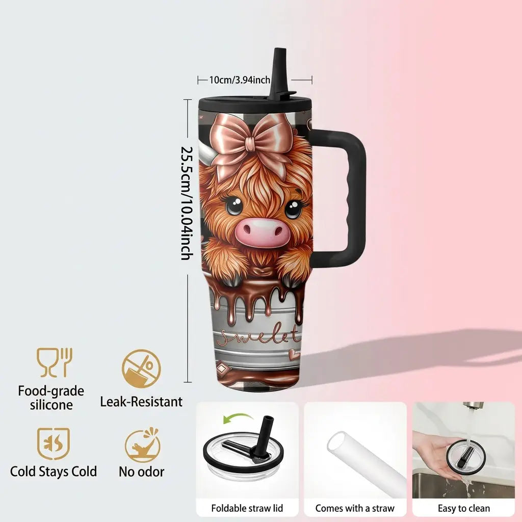40oz Stainless Steel Vacuum Insulated Tumbler With Lid, 1 Count Cute Highland Cow Pattern Insulated Water Bottle, Travel Accessories, Summer Cool Bottle, Drinking Cup for Home Office School, Insulated Travel Drinkware