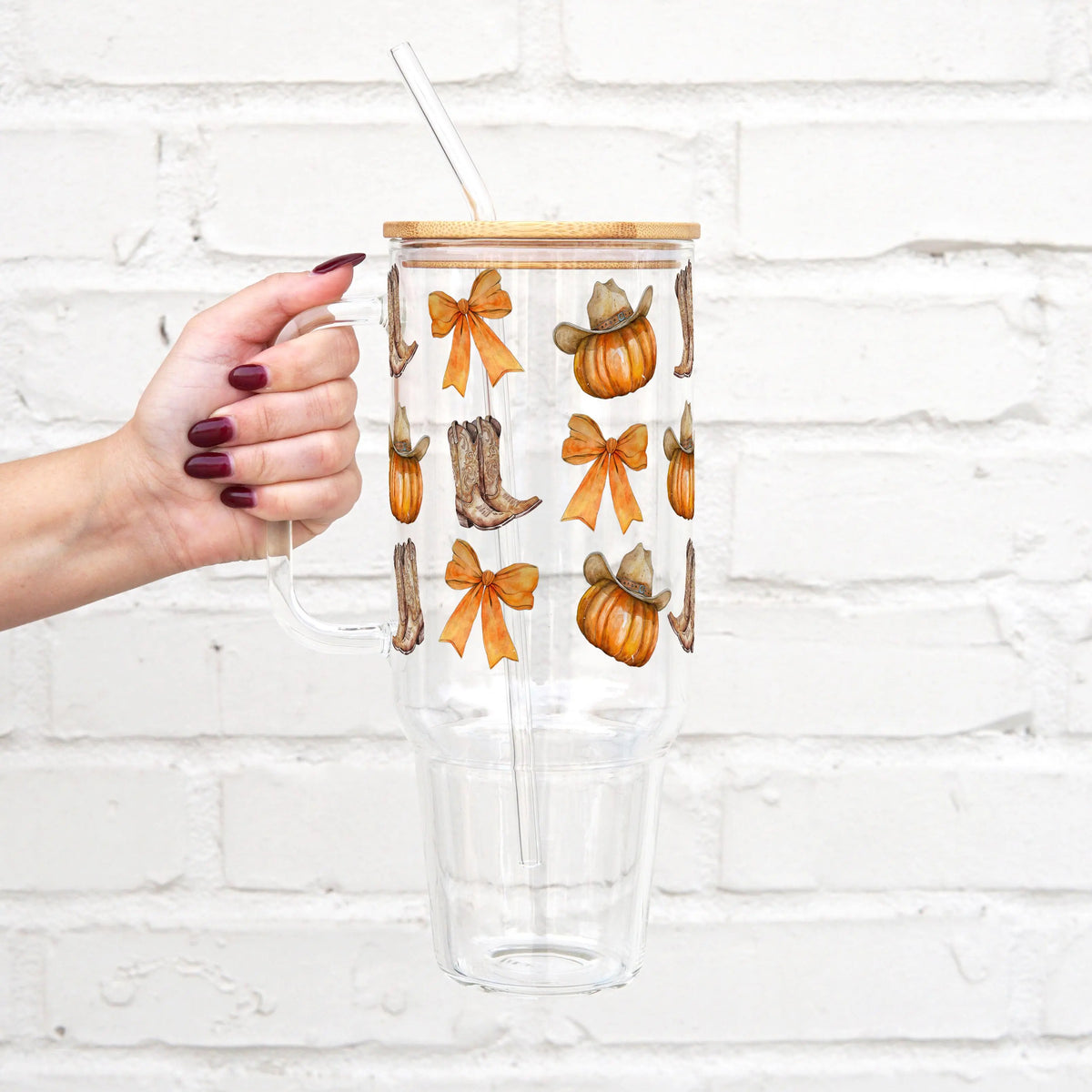 SIP-SIP HOORAY! 40oz Reusable Glass Water Bottle - Fall Collection Pumpkin Design with Washable Handle, Bamboo Lid, Silicone Straw for Hand Wash Coffee Cup Use