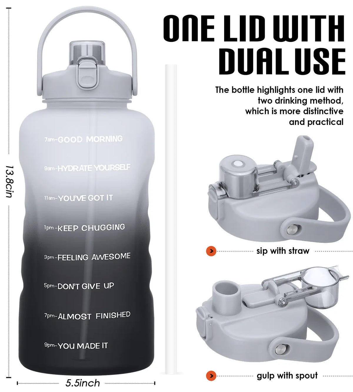HydroPal Leakproof Water Bottle - 1-Gallon/128oz/3.8L BPA-Free Unisex Portable Reusable Washable Gym Drinkware with 2-IN-1 Lid, Straw & Motivational Times to Drink Markings