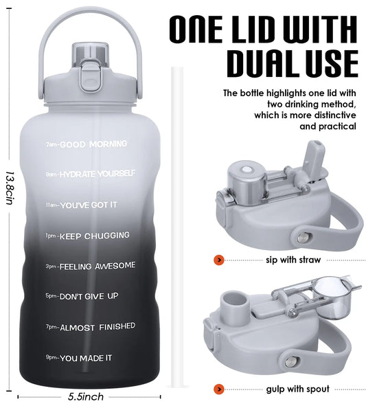 HydroPal Leakproof Water Bottle - 1-Gallon/128oz/3.8L BPA-Free Unisex Portable Reusable Washable Gym Drinkware with 2-IN-1 Lid, Straw & Motivational Times to Drink Markings