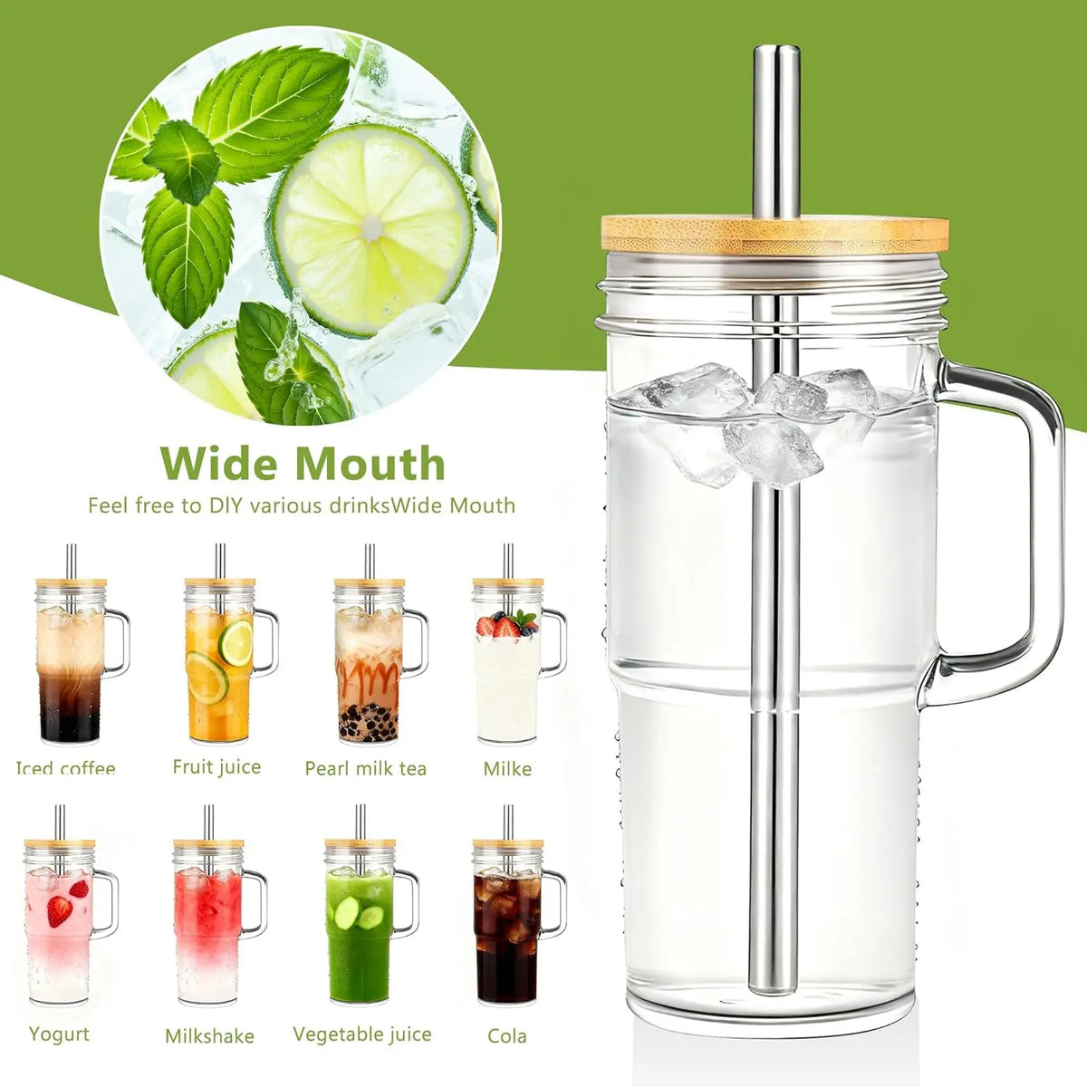 4pcs 24oz Non-Striped Glass Cups with Bamboo Lids, Straws, Glass Body & Handle Grip - Portable Classic Cold Beverage Tumbler, Reusable On-The-Go Kitchen Drinkware, Perfect for Gifts