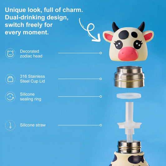 UFORU Cute Parrot & Giraffe Animal Design 316 Stainless Steel Insulated Tumbler - Portable Leakproof Vacuum Flask with Straw, Drink Insulation for Back to School, Travel