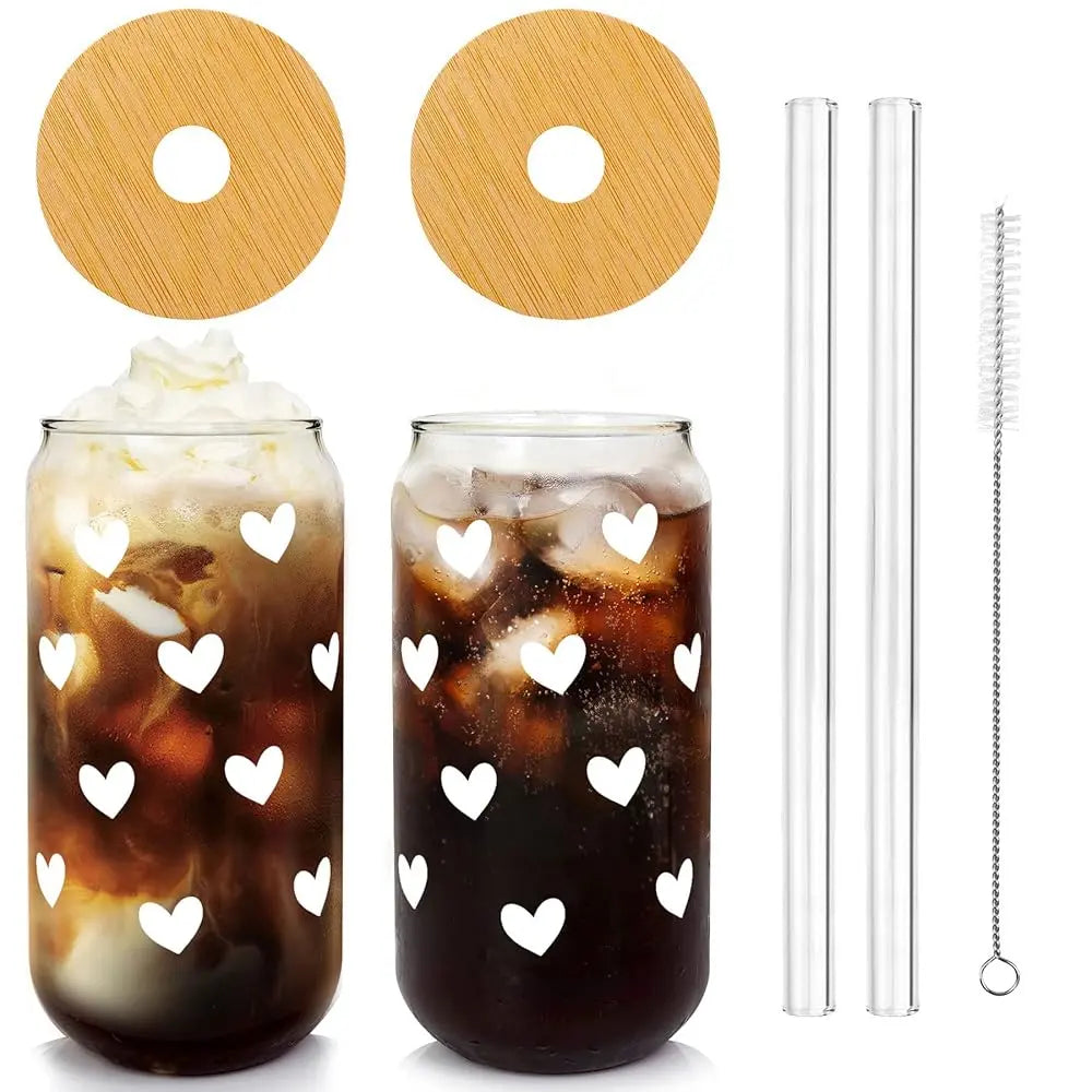 Summervibes 20oz Cherry Print Glass Tumblers with Bamboo Lids & Straws, Cute Drinking Glasses for Women, Reusable, pink bow